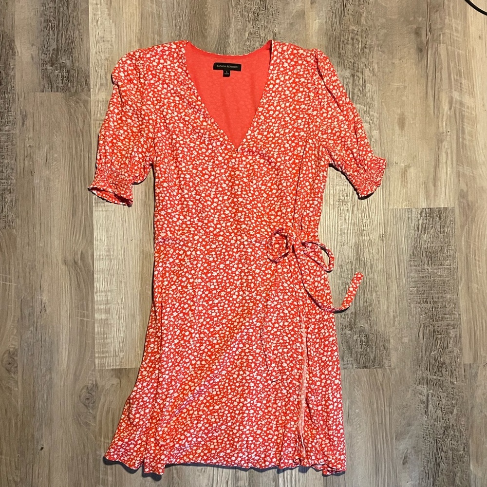 Banana Republic Pink Wrap Mini Dress with Ruffled Hem and Puff Sleeves